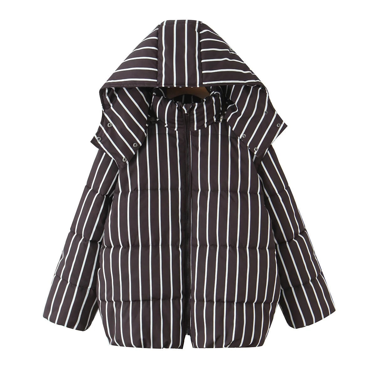5 Colors Winter Women Zip Up Contrast Color Stripes Bread Parka Coat Removable Hat Hooded Long Sleeve Outerwear Brown Black Pink