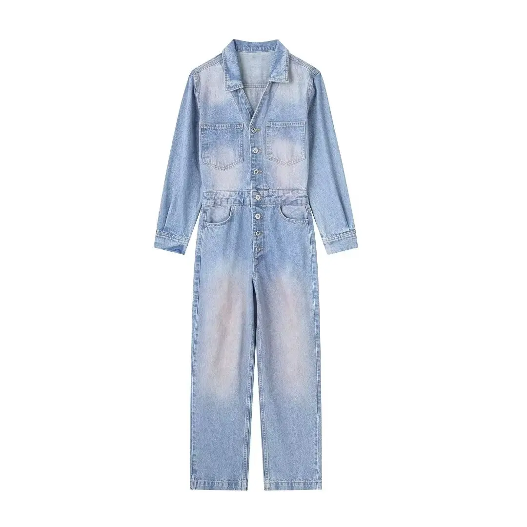 

TRAFZA Women Fashion Turn Down Collar Pink Washed Denim Jumpsuit Office Lady Female Casual Single Breasted Long Sleeve Jumpsuits