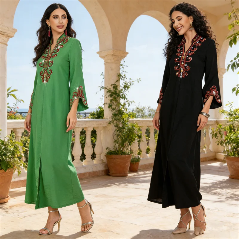 

Femme Musulmane Vestidos Diamonds Abaya Dubai Kaftan Women Muslim Dress Evening Party Gown Caftan Marocain Eid Djellaba Ramadan