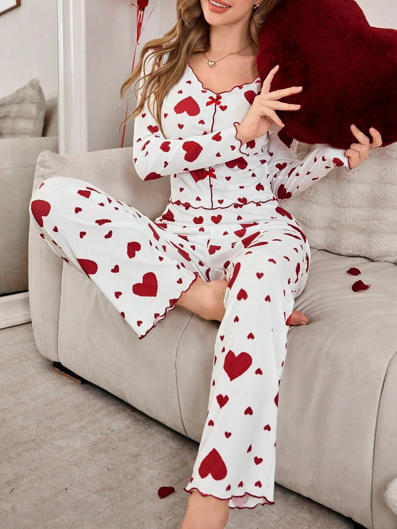 Women Autumn Winter Sleepwear Heart Print Long Sleeve Tops with Long Pants Trouser 2 Pieces Pajamas Sets Loungewear
