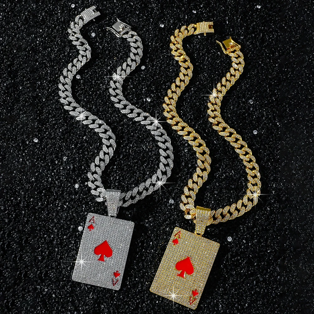 Men Women Hip Hop Poker Pendant Necklace with 13mm Cuban Chain Hiphop Iced Out Red Peach A Necklaces Fashion Punk Jewelry Gifts