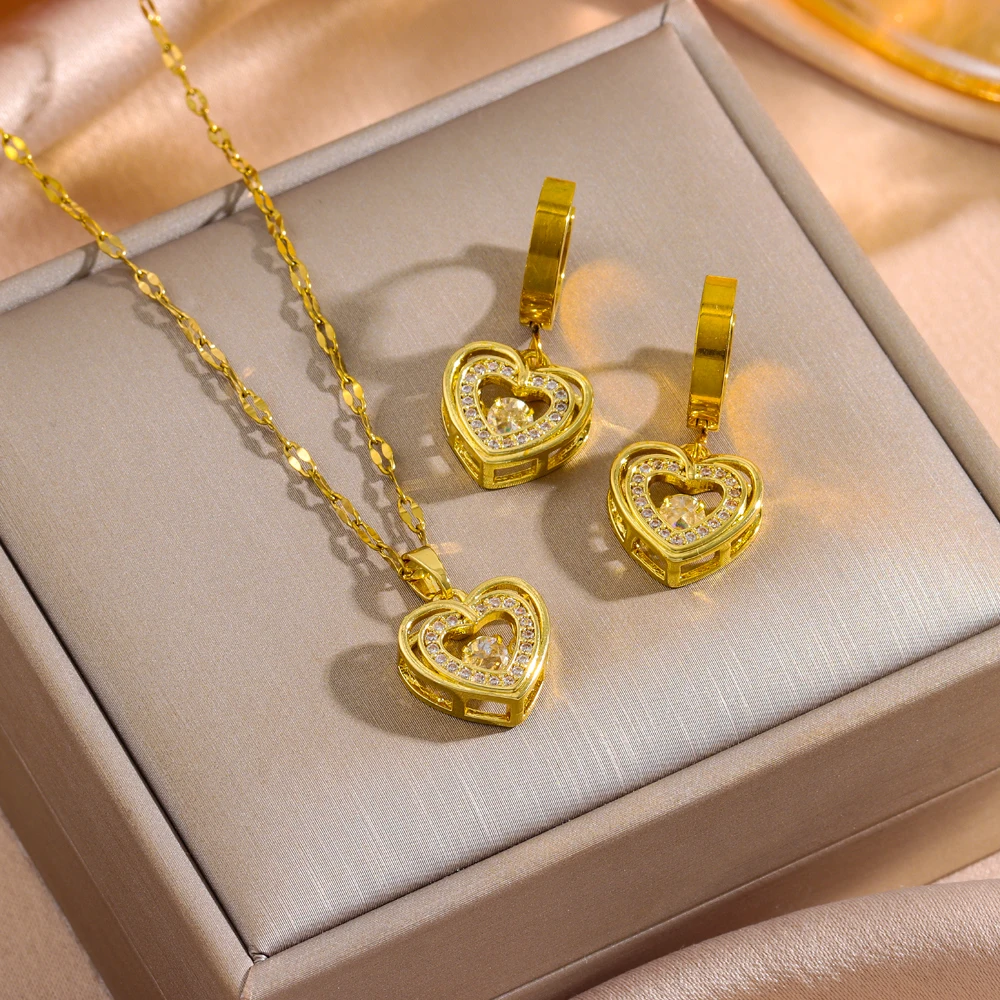 Cute Beating Heart Zircon Crystal Necklace Earrings For Women 18K Gold Plated Stainless Steel Jewelry Set Female Clavicle Chain