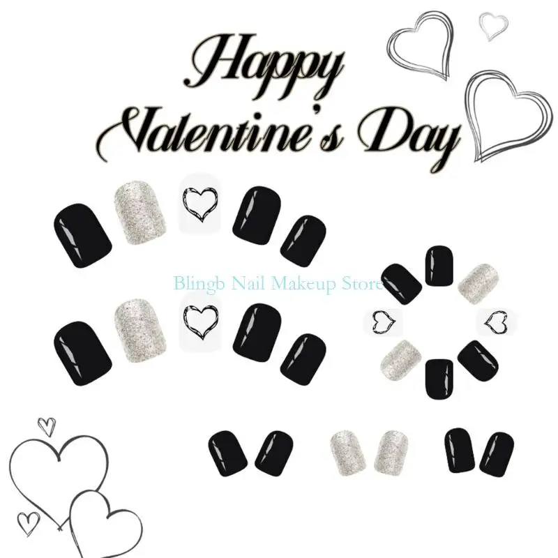 28TA srebrne brokaty sztuczne paznokcie 24 szt. Walentynki czarne serce projekt krótkie kwadratowe sztuczne paznokcie dla wesele
