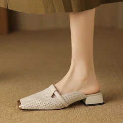 New Women Genuine Leather Sandals Square Toe Comfort Casual Slippers for Summer Low Heels Muller Slippers Summer Shoes Woman