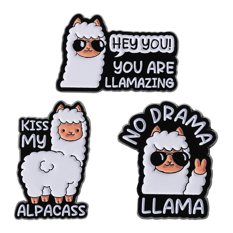 

Kiss My Alpacass Enamel Pins No Drama Llama Cartoon Animal Metal Brooches Clothes Lapel Badge Funny Jewelry Gift for Friends