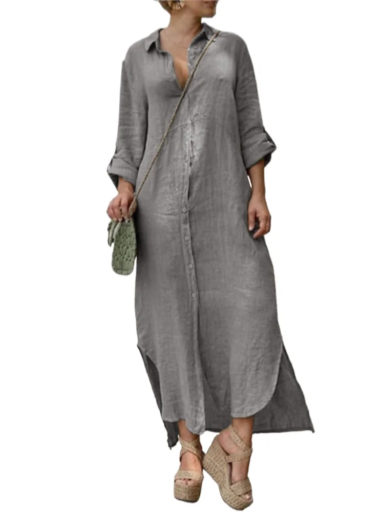 

Lady Casual Loose Dress Fashion Solid Long Sleeve V Neck Button Dresses For Women Holiday Office Womens Clothing Spring Summer