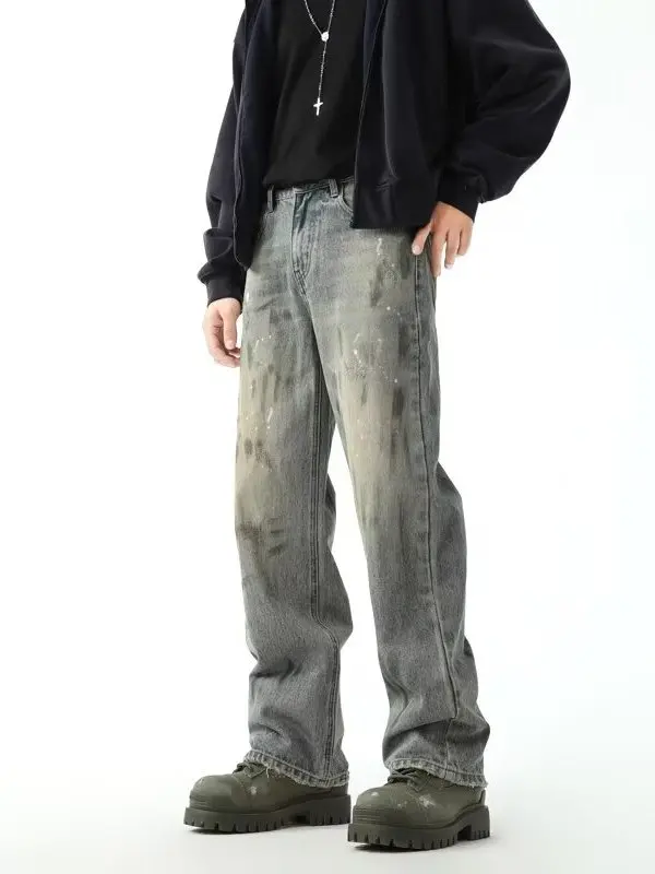 

Retro American Washed Splatter Denim Jeans Men's High Street Trendy Brand Cleanfit Loose Casual Straight Leg Long Pants