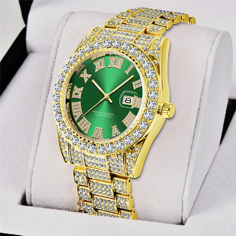 Original Men Brand 3582 Luxury Golden Watches Hip Hop Full Diamond Date Gifts Quartz Wristwatch Montres de Marque de Luxe 2024