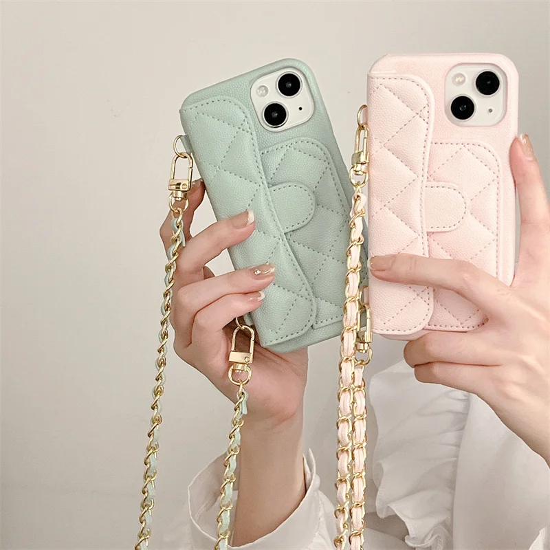 Imagem -02 - Capa de Couro de Luxo com Cordão Crossbody para Iphone 15plus 15pro 14 13 12 pm Capa Cases à Prova de Choque Bolsa de Cartão Bonito