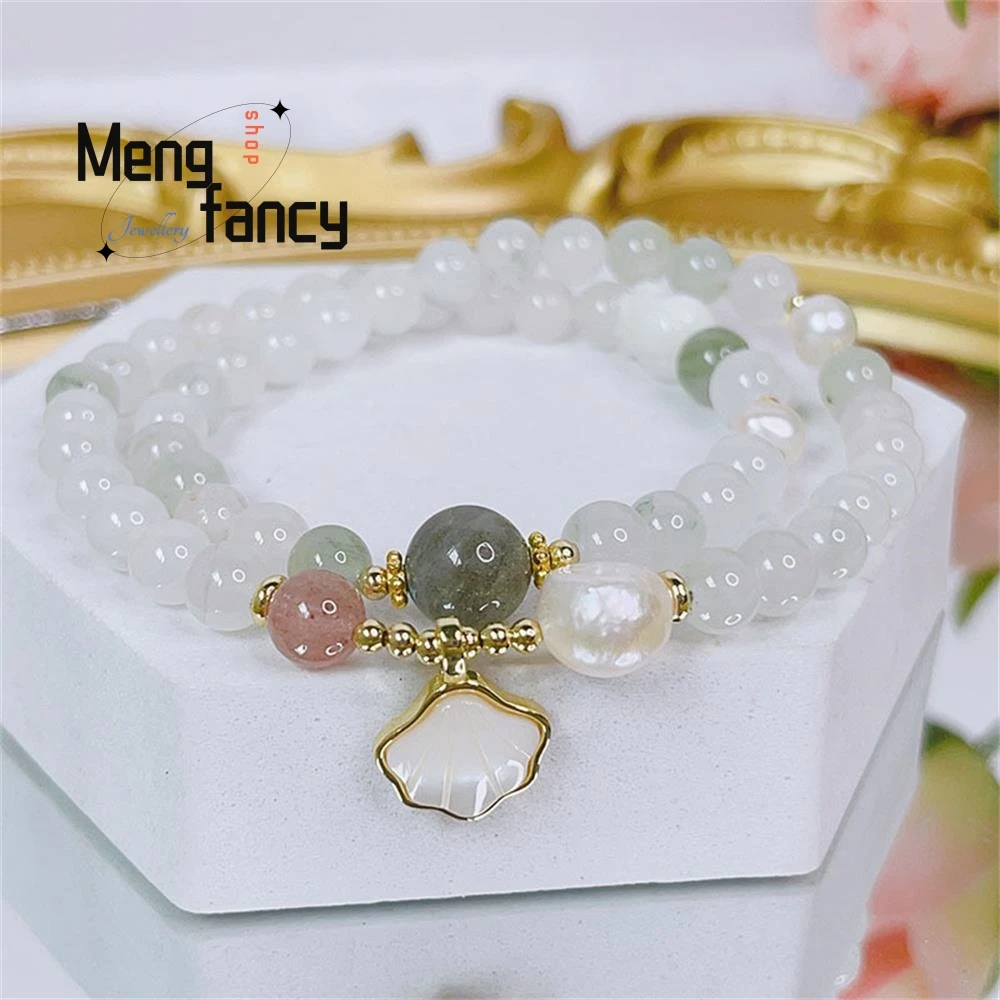 

Double Circle Tianshan Cui Natural Shell Pendant Pearl Strawberry Crystal Bracelet Exquisite Elegant Luxury Quality Fine Jewelry