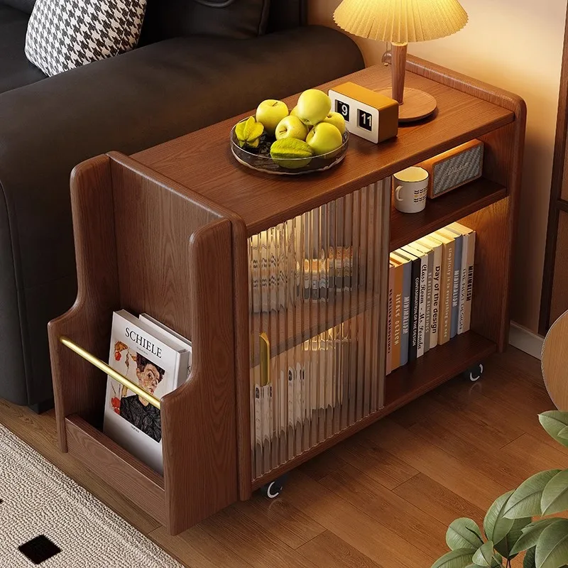 

Solid wood sofa side cabinet, living room home removable trolley shelf, bedroom bedside table storage cabinet