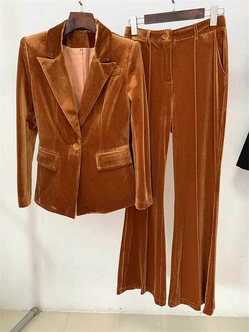 Golden Velvet 2 Pieces Women Suits Set Solid Colored One Button Suit Coat Flared Pants Unique Long Sleeve Blazer Newest In Stock