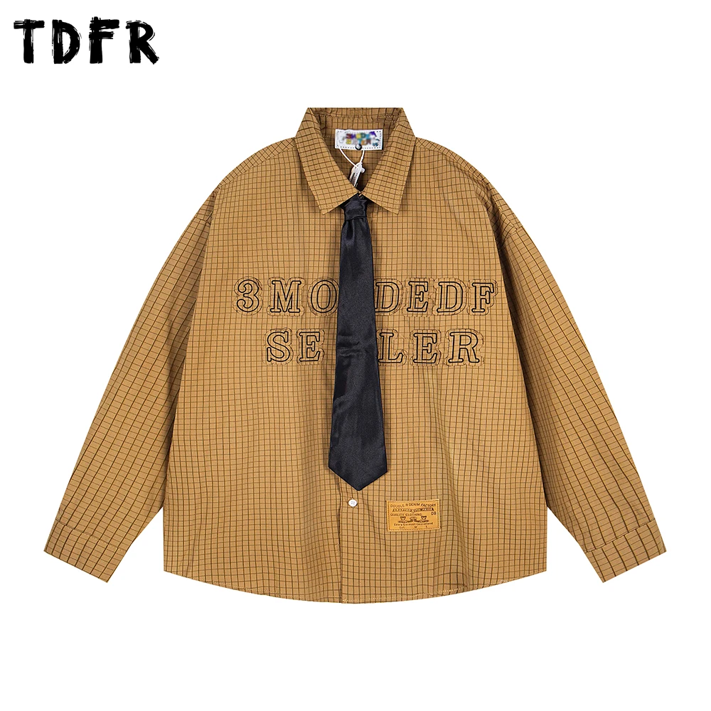

Patch Letter Embroidery Plaid Shirts Mens Autumn Retro Casual Lapel Single Breasted Long Sleeve Loose Cotton Checked Shirt Man