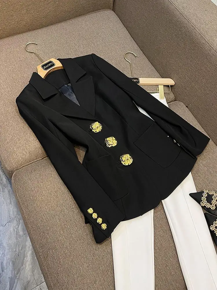 

Ele Bla Suit Jaet Women's Faionable Versatile High-End Design Commute Sle Long Sve Button Detailing Office Wear