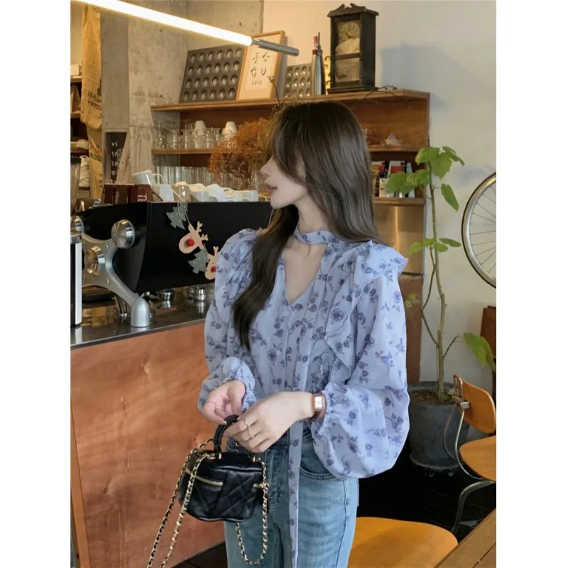 

Sweet Floral Print Chiffon irt Women's Spring Faion Design V-Ne Lantern Sve Blouse Korean Sle Slim Fit Long Sve