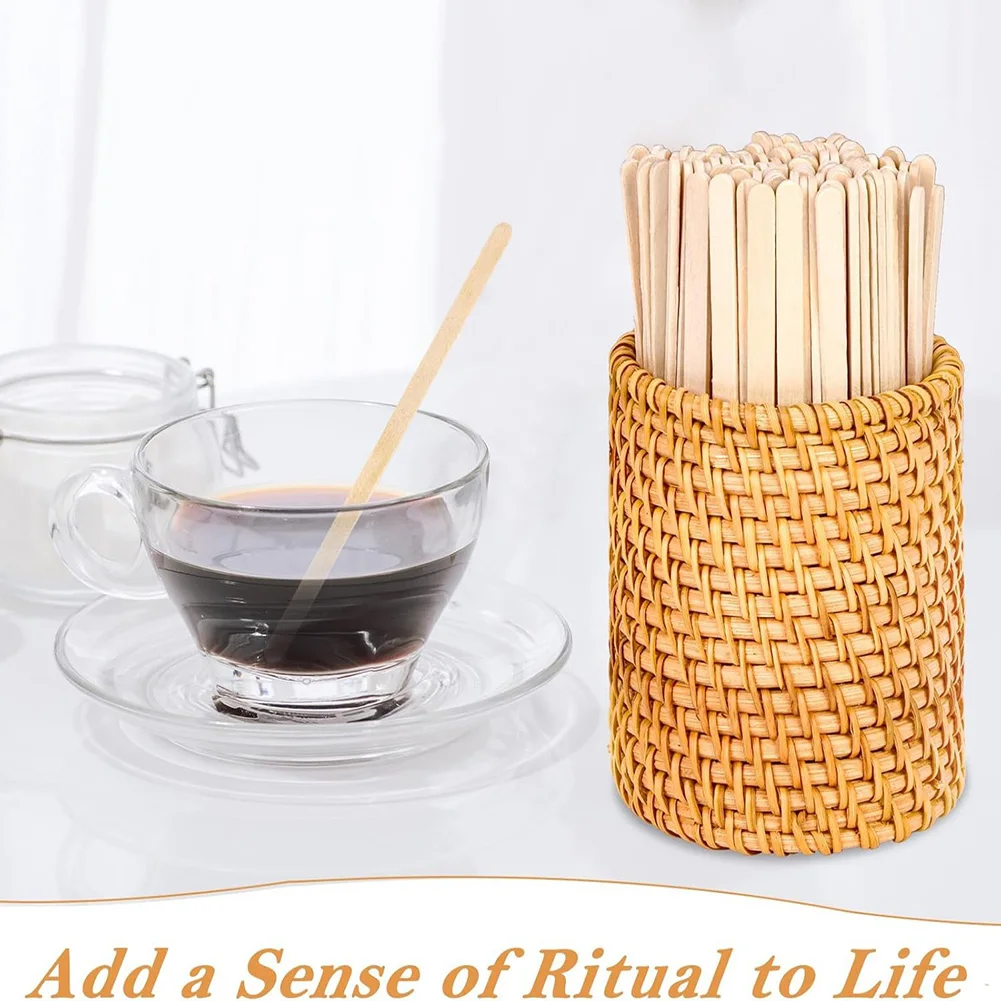 Wooden Coffee Stirrers 100 pcs in Rattan Basket Holder for Beverage Mixing at Cafes Bars Restaurants and Home Settings