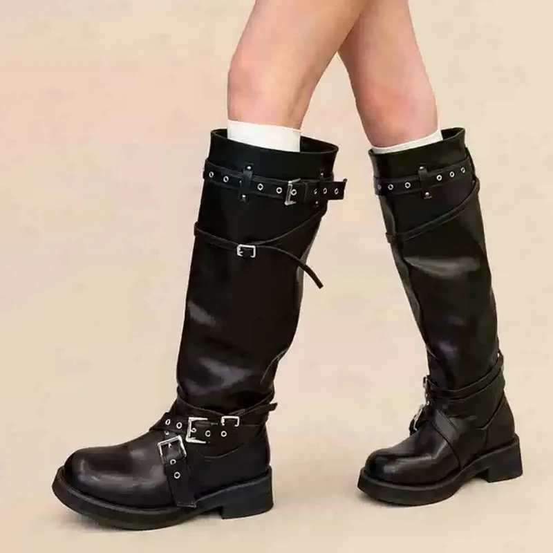 Eilyken Street Design Multi Belt Metal Buckle Knee-High Boots Women Low Heels Shoes Fashion Hot Girl Motorcycle Knight Booties