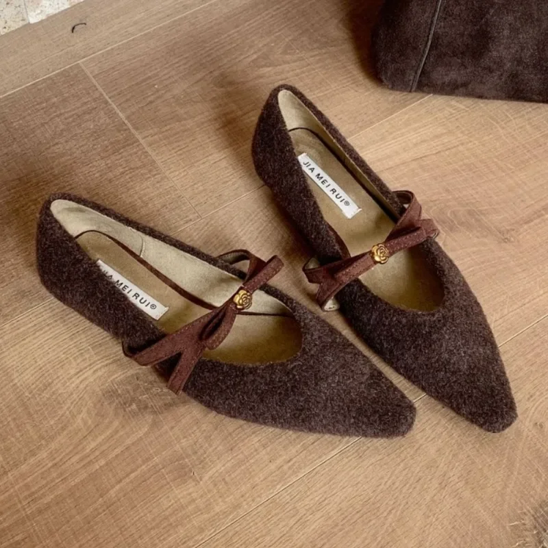 Bowknot Pointed Toe Low Heel Women Shoes Warm Elegant Office Dress Shoes Comfort New Autumn Winter Brand Mary Jane Shoes Women