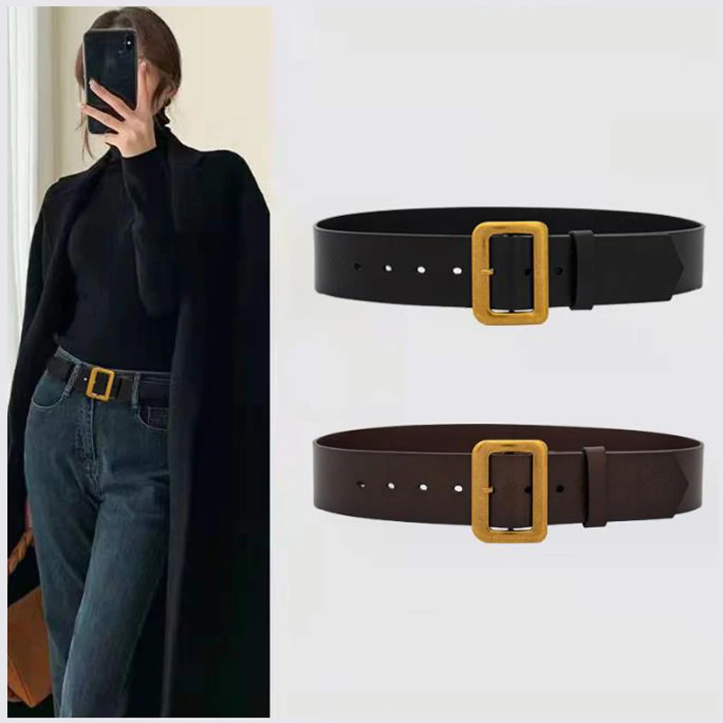 Western Cow Leather Retro Gold Buckle Women Cummerbund Fashion Genuine Leather Business Wide Women Belt With Dress Down Coat