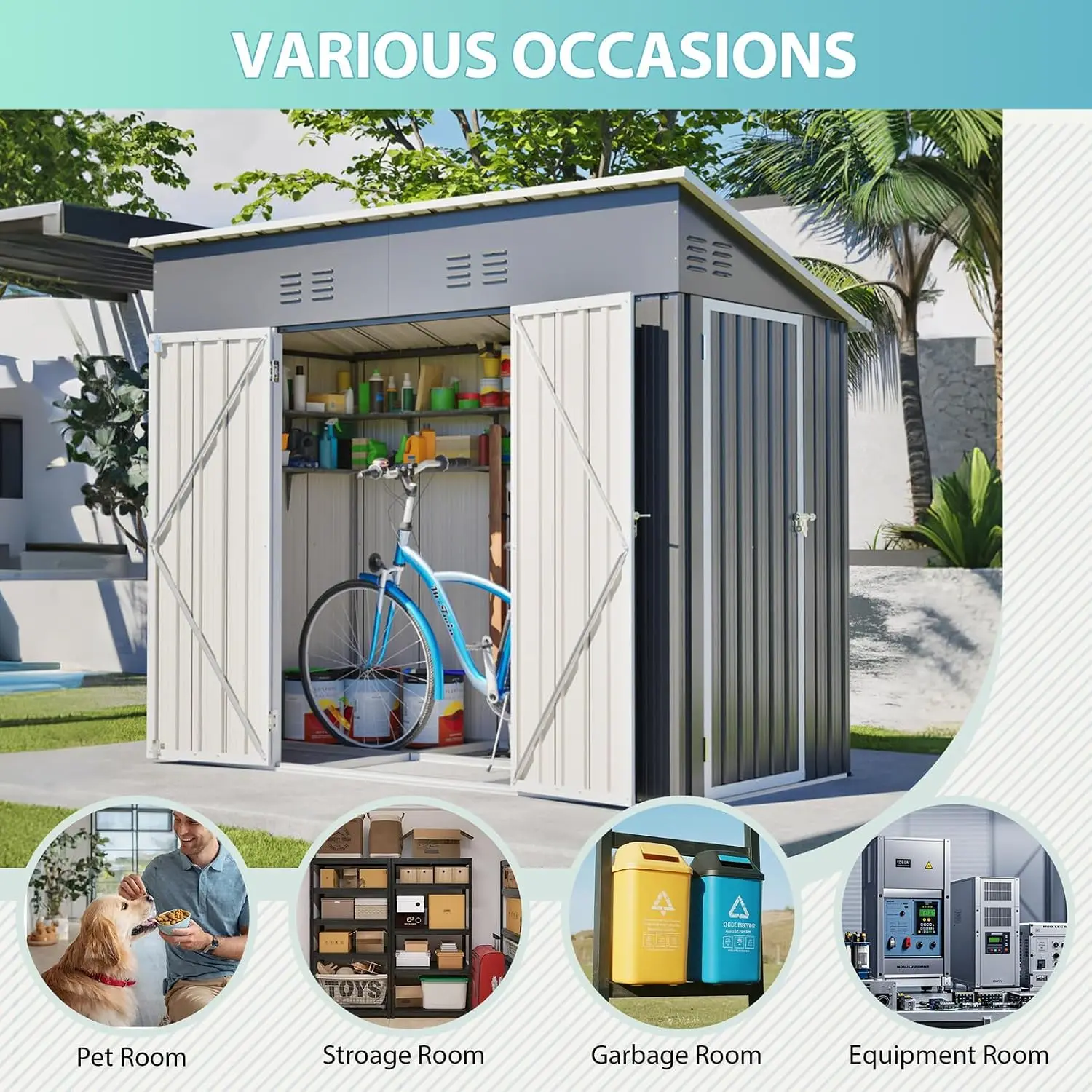 8x4 FT Outdoor Storage Shed with Floor Frame Weatherproof Garden Tool House Metal Backyard Patio Garage Organizer, Customized view 6