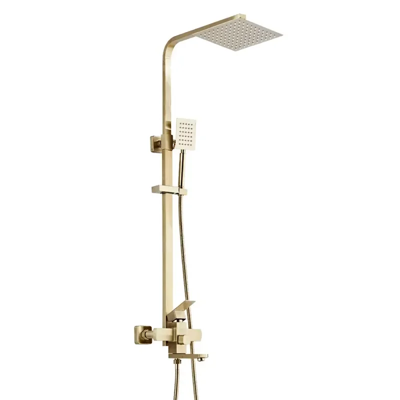 Brushed Gold Square Rain Shower System 304 Stainless Steel Hotel Use Ceramic 3 Functions Wall Mount Shower Set Hand Sprayer