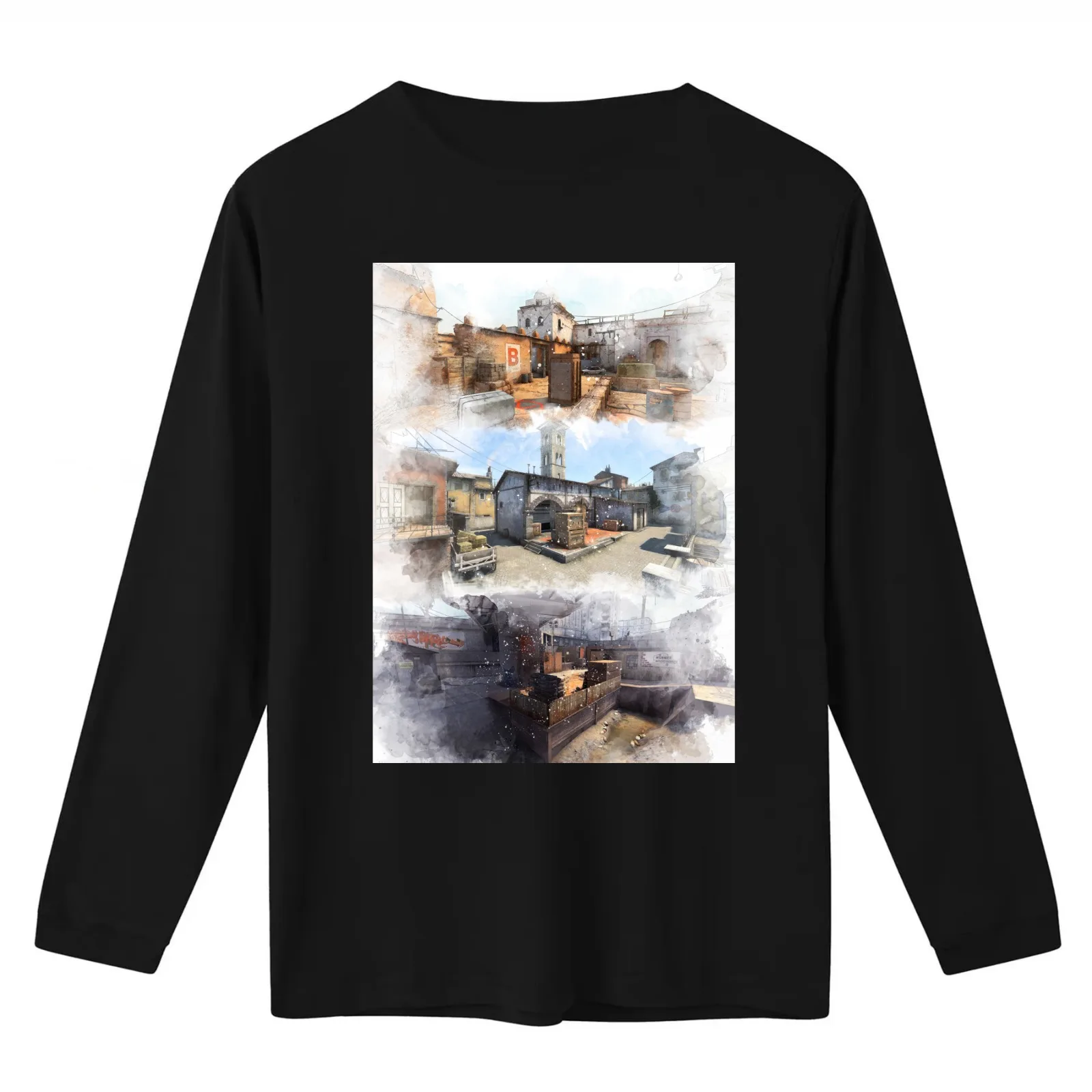 Dust 2 Inferno and Overpass Watercolour CSGO Map Poster T-Shirt Summer Casual Cotton Tee Oversized Streetwear Tops