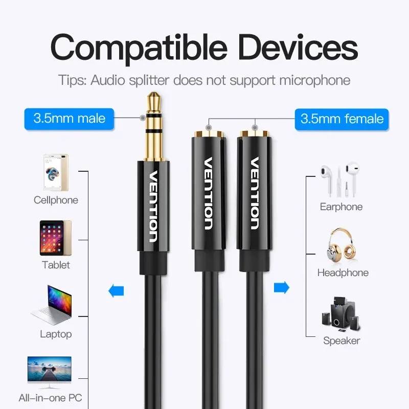 Vention Audio Splitter Kabel 3,5 mm męski na 2 żeńskie gniazdo 3,5 mm Mic Y Splitter Aux Kabel do iPhone Laptop MP3 Słuchawki Splitter