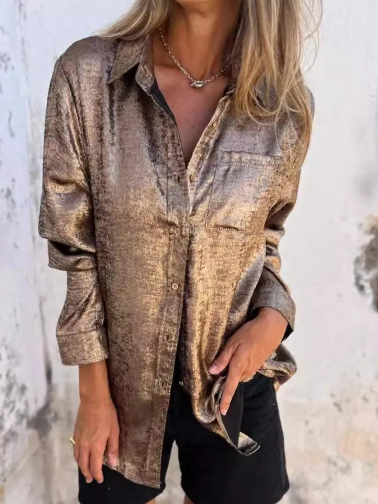 Spring Summer Women Shinny Golden Long Sleeved Fashion Blouse Vintage Solid Loose Shirt Spring Summer Casual Button Up Tops