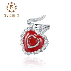 GEM'S BALLET Heart Love Natural Red Agate Ring 925 Sterling Silver Original Adjustable Open Finger Ring Enamel Vintage Jewelry