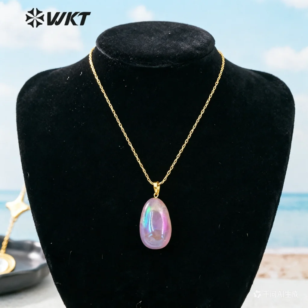 

Оптовая продажа: Модное золотое ожерелье WT-N1398 с подвеской из кварца Aura Crystal, массивное ожерелье с овальным камнем Aura Polish.