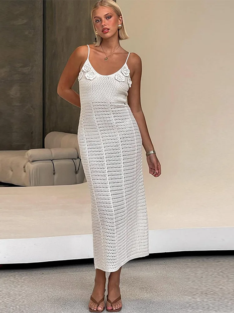 Abito lungo da spiaggia senza maniche in maglia con scollo a V trasparente sexy, decorazione floreale tridimensionale, abiti da festa da donna