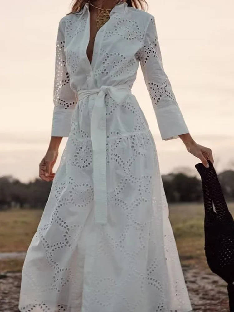 

White Shirt Dress Women Elegant Fashion Hollow Out Long Dress Female Lapel Long Sleeve Dress Summer Casual Button Lace-up Dress