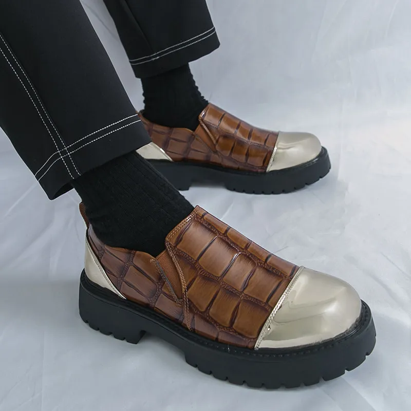 

British Style Brown Men’s Loafers Thick Bottom Checkered Leather Shoes For Men Large Size 39-46 High Quality Man Casual Shoes