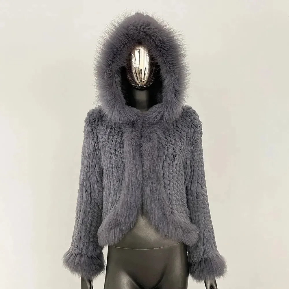 Kaninchen Pelzmantel Mode Poncho Stil Echt Gestrickte Frühling Herbst Frauen Casual Woven Pelzmantel Echt Fox Pelz Kragen Pelz Jacke Dame