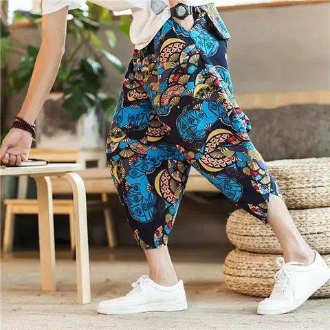 Moda estilo japonês harajuku imprimir calças largas perna praia shorts soltos homens hip hop dança esporte casual harem calças streetwear