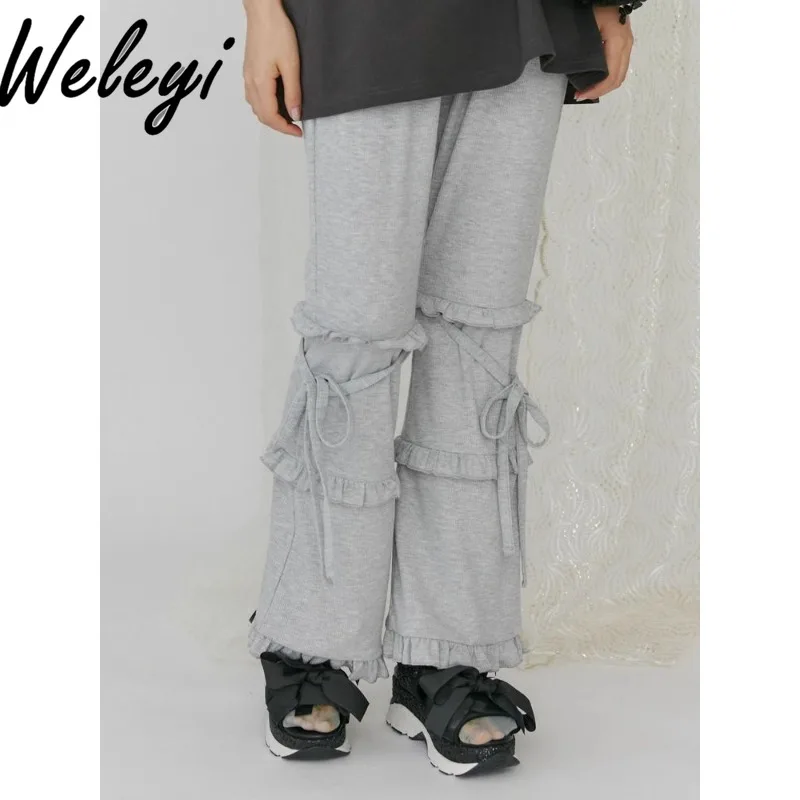 Japanese Style Sweet Ruffled Flared Pants 2024 New Cute Woman Trousers Casual Elastic Waist Elastic Lace-Up Threaded Long Pants