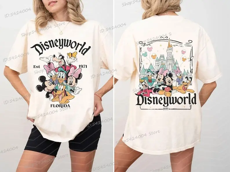 Camisetas retrô de férias de Mickey e amigos, personagens de anime de desenho animado, camisetas femininas de manga curta