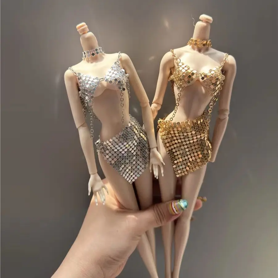 Fashions Personality Metal Sequin Clothes+ Cool Earrings+Necklace Set For 1/6 FR Bb Supermodel Doll Dress Up Clothes Parts