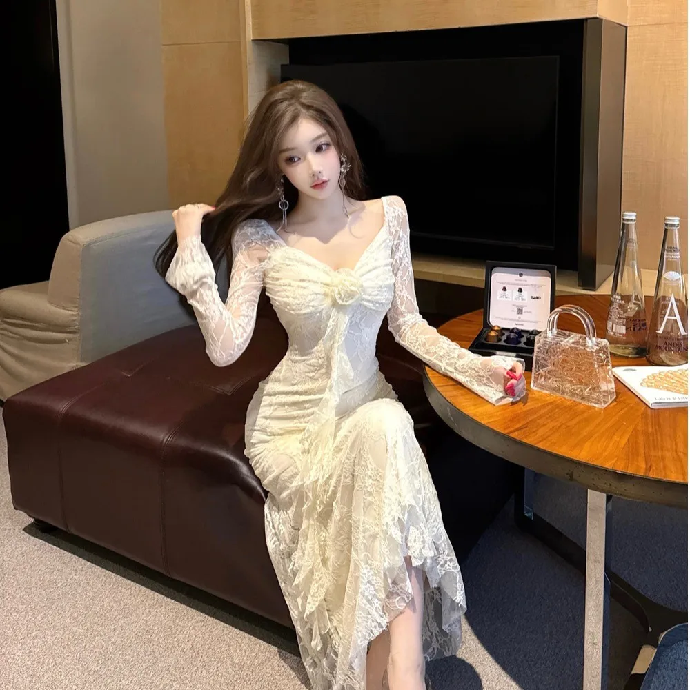 

Sweet Ele Pure Desire Autumn Winter New Sle Lace Trim Faion Slim Fit Fi Tail Dr High Waist Long Sve H pe Dr