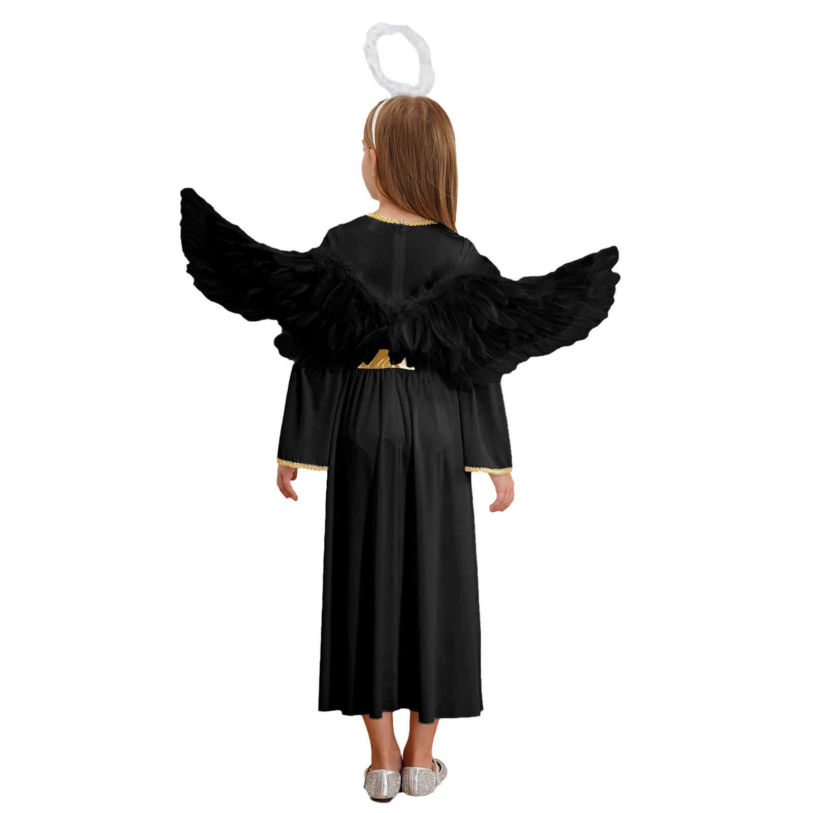 Disfraz de Ángel para niñas, Vestido de manga larga para baile, actuación, Halloween, Cosplay con diadema de plumas y alas, 3 piezas