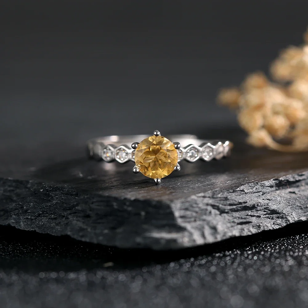 Adjustable 925 Silver Ring 6.5mm Natural Citrine Stone Open Band Bohemian Yellow Golden Sunstone Jewelry Wealth Gift