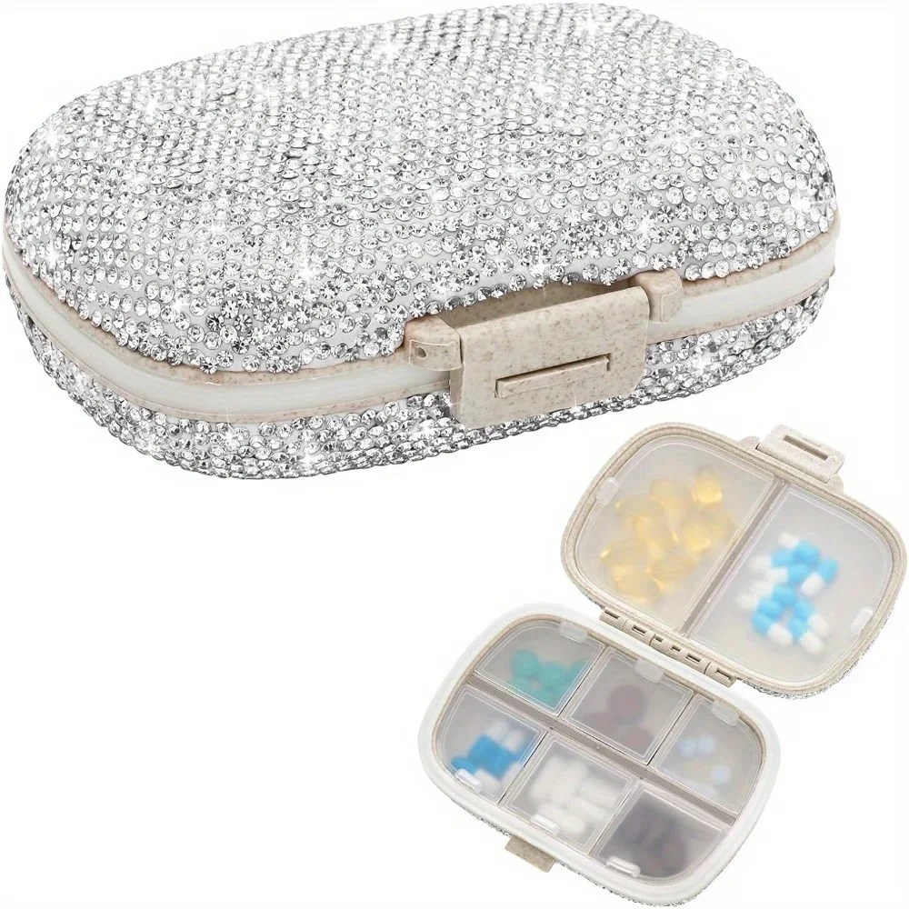 Daily Pill Box Glitter Storage Box Pill Boxes Pill Container With Rhinestones Compartment Travel Pill Box Mini Pill Holder