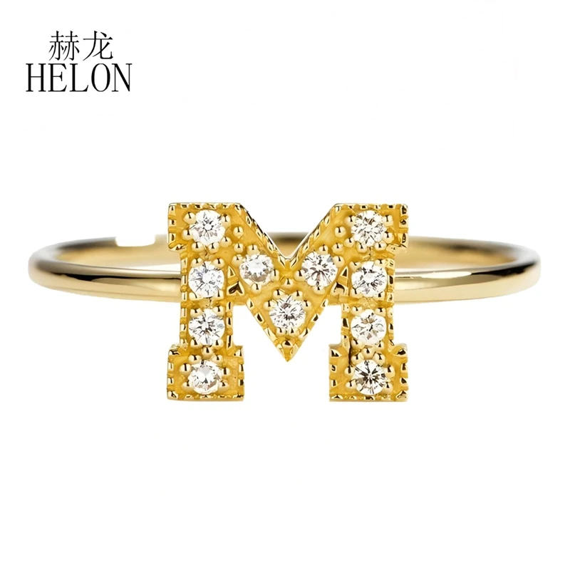 HELON Solid 14K Yellow Gold Natural Diamond Custom Letter Ring Letter M Diamond Ring Women Men Wedding Trendy Fine Jewelry Gift