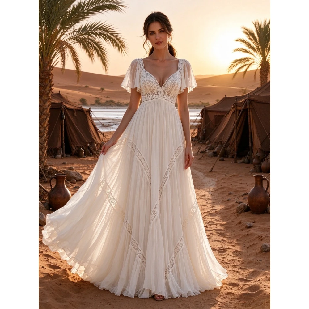 Customized Bohemian Lace Hat Sleeves Beach Wedding Dress 2026 New Hot Selling V-neck Flowing Chiffon A-line Pleated Bridal Gown