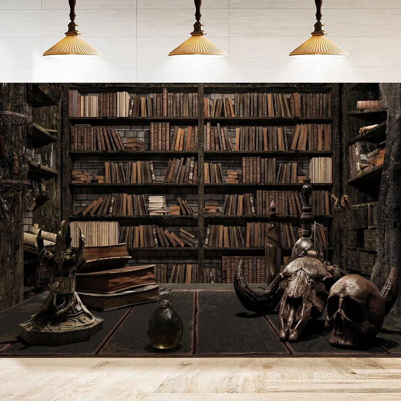 

Vintage Bookshelf Photography Backdrop Ancient Magic Books On The Background Skull Magic School Library Birthday Party Decor