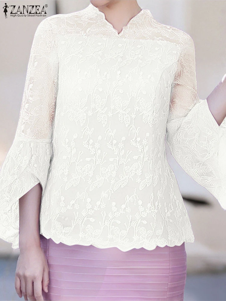 Autumn Blouse Women Hollow Out Lace Blusas Three Quarter Flare Sleeve Tops Stylish Casual Loose V Neck Blusas ZANZEA 2025