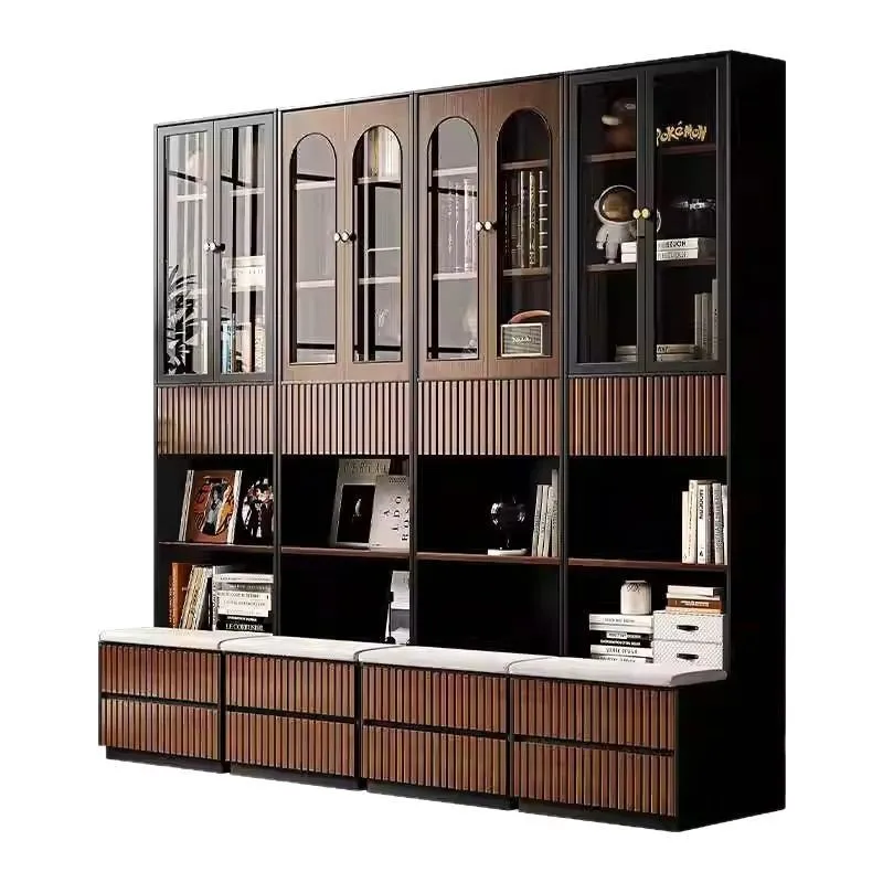 Retro style card holder the whole wall is integrated with floor-to-ceiling glass bookshelf, file display cabinet is full of