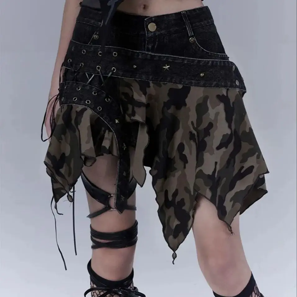 WSW Original Camouflage Army Green Asymmetric Patchwork Design Y2k Low Waist Skirt Punk Girls Pant Skirt