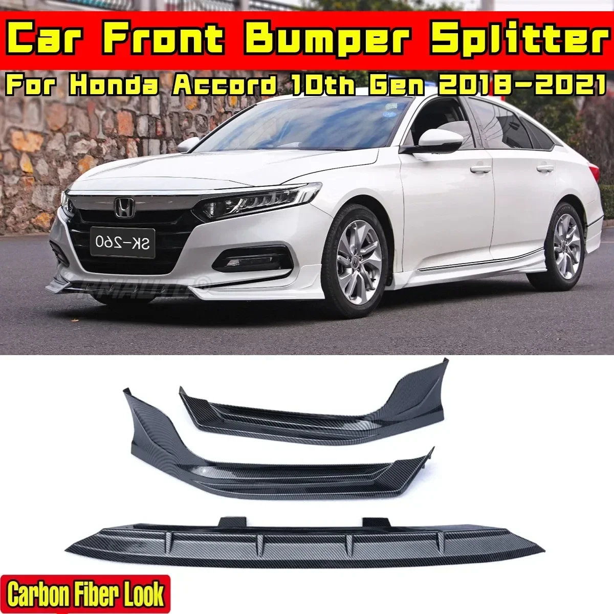 

For Honda Accord 10th Gen 2018-2021 Body Kit Bumper Cover Carbon Fiber Look SK-260 Style Front Bumper Splitter Car Accessories