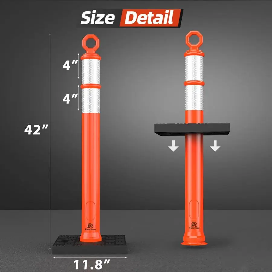 42 Inch Delineator Post with Base, Portable Orange Traffic Delineator Posts Cones with Reflective Collars for Parking Lots, Road